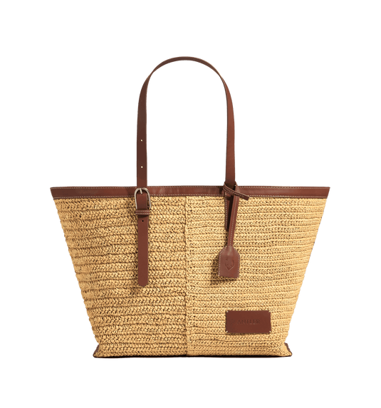 a brown and tan woven bag