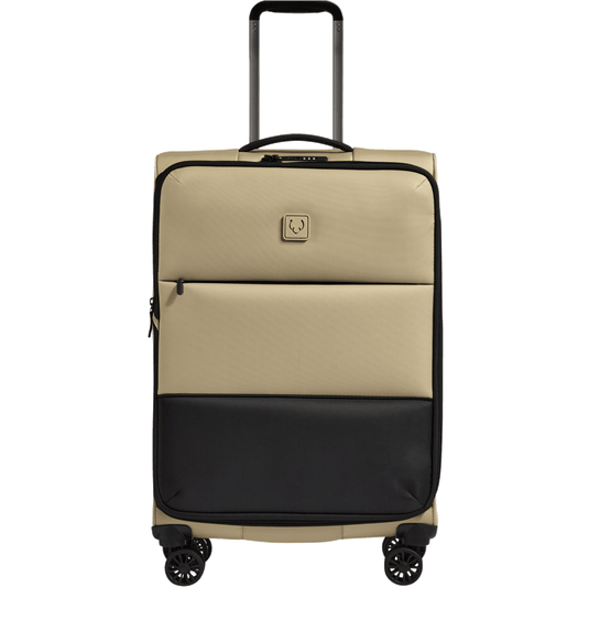a tan and black suitcase