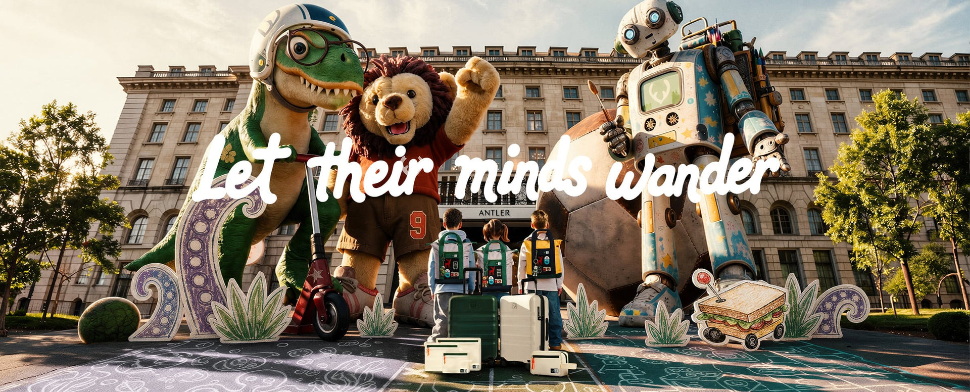 a group of people standing in front of a building with mascots