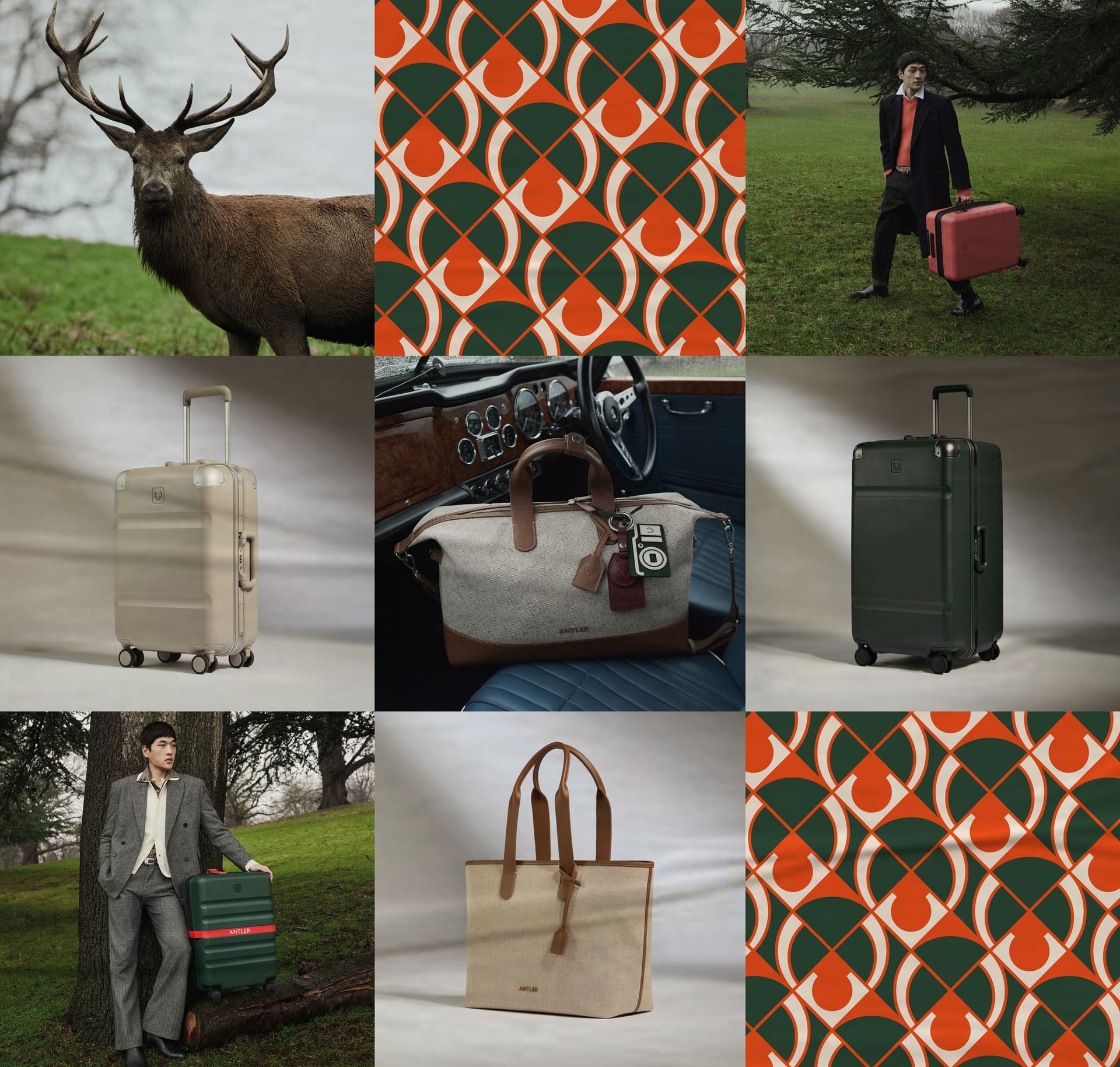 a collage of a man carrying luggage