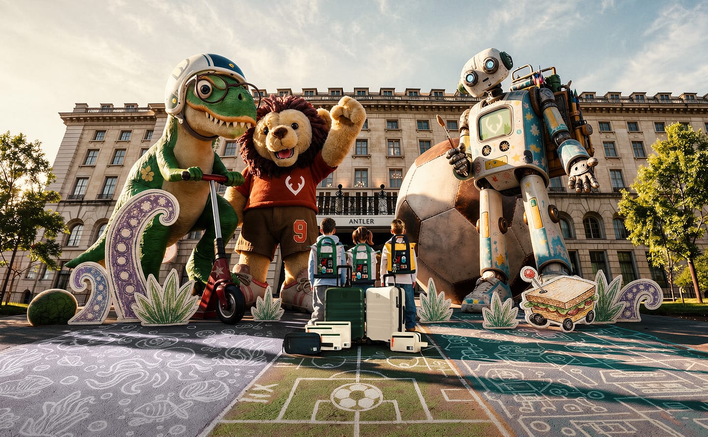 a group of people standing in front of a large statue of animals