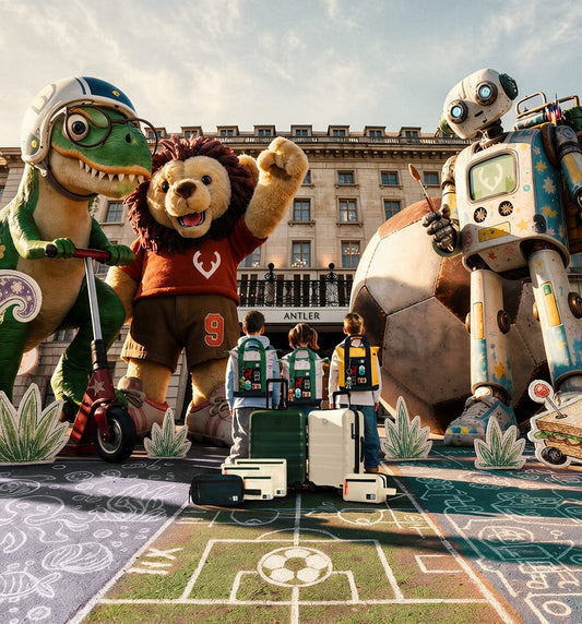 a group of people standing in front of a large statue of animals