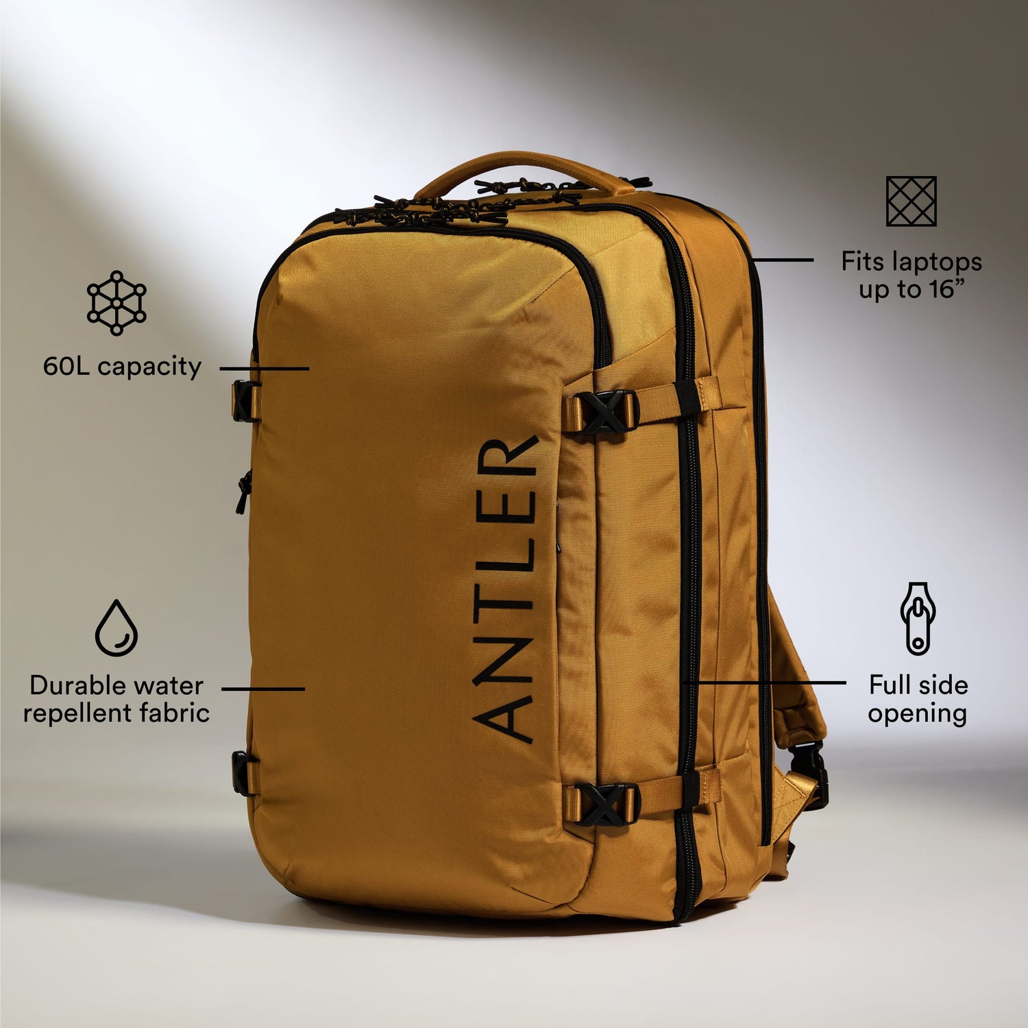 a yellow backpack with black text