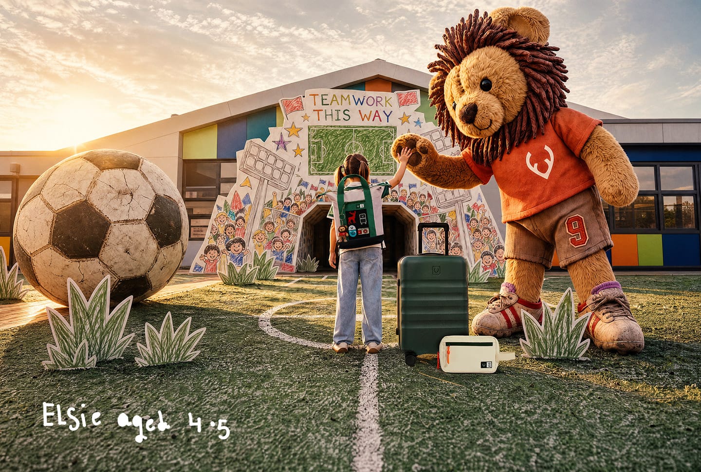 a person standing in front of a large stuffed lion