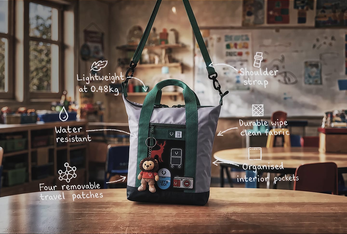 a bag with a stuffed animal on it