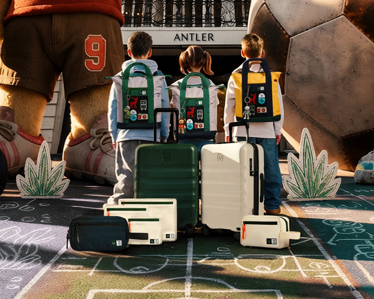 a group of kids standing in front of a football field