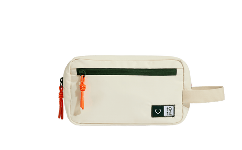 a white and green pouch with a strap