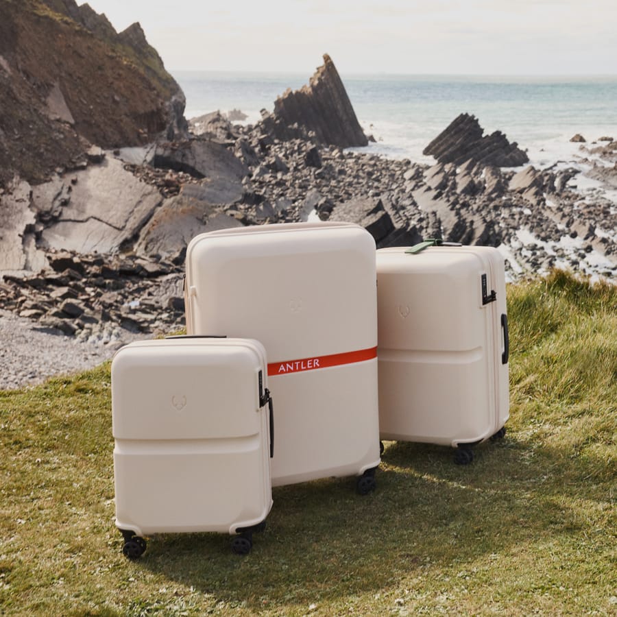 a group of luggage on grass by rocks