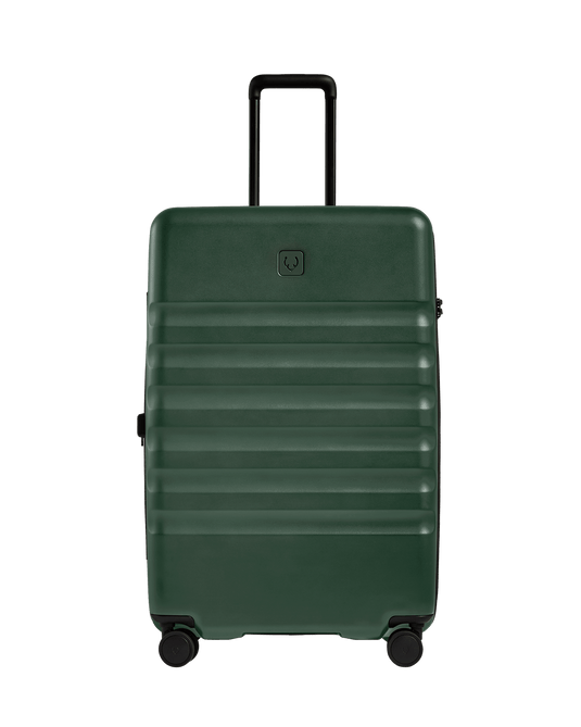 a green suitcase with wheels