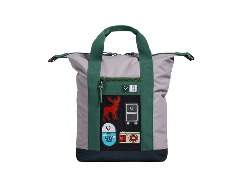 a grey and green bag with a green trim