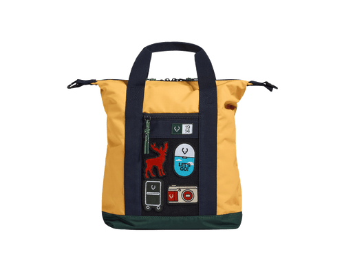 a yellow and black bag with a patch on it