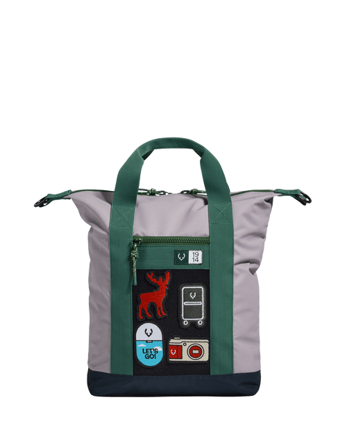 a grey and green bag with a black background