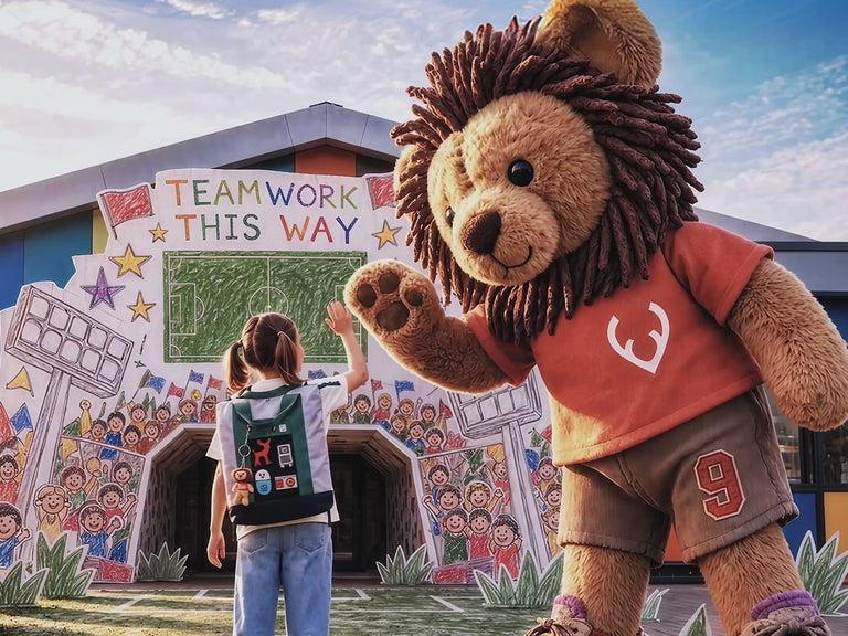 a girl waving to a stuffed lion