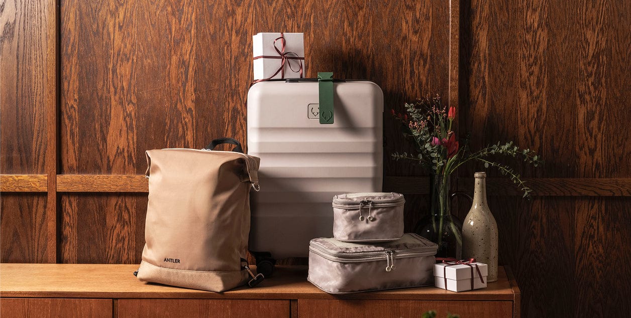 a suitcases and a vase of flowers