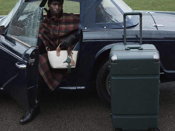 a person sitting in a car with luggage