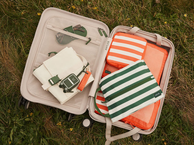 a suitcase with bags and luggage on the grass