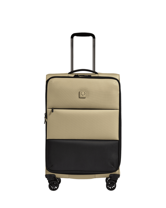 a tan and black suitcase