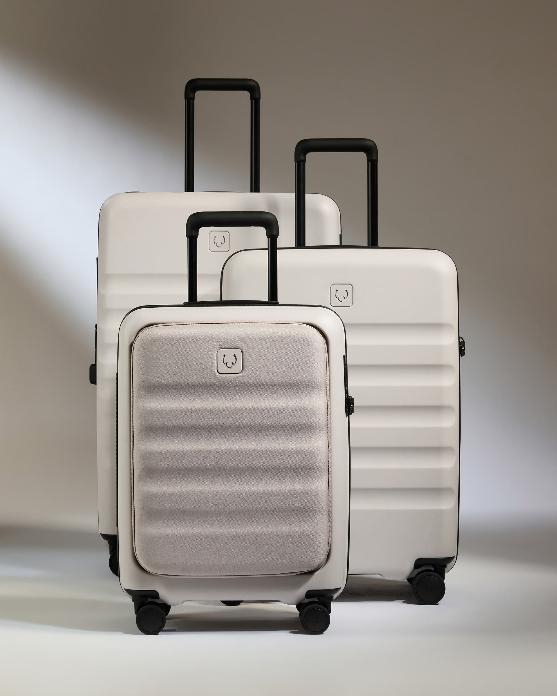 Antler Luggage -  Cabin with Pocket Suitcase Set in Taupe - Icon Stripe - Hard Suitcase - Pocket Cabin Set Cabin with Pocket Suitcase Set in Taupe - Icon Stripe | Lightweight & Hard Shell Suitcase