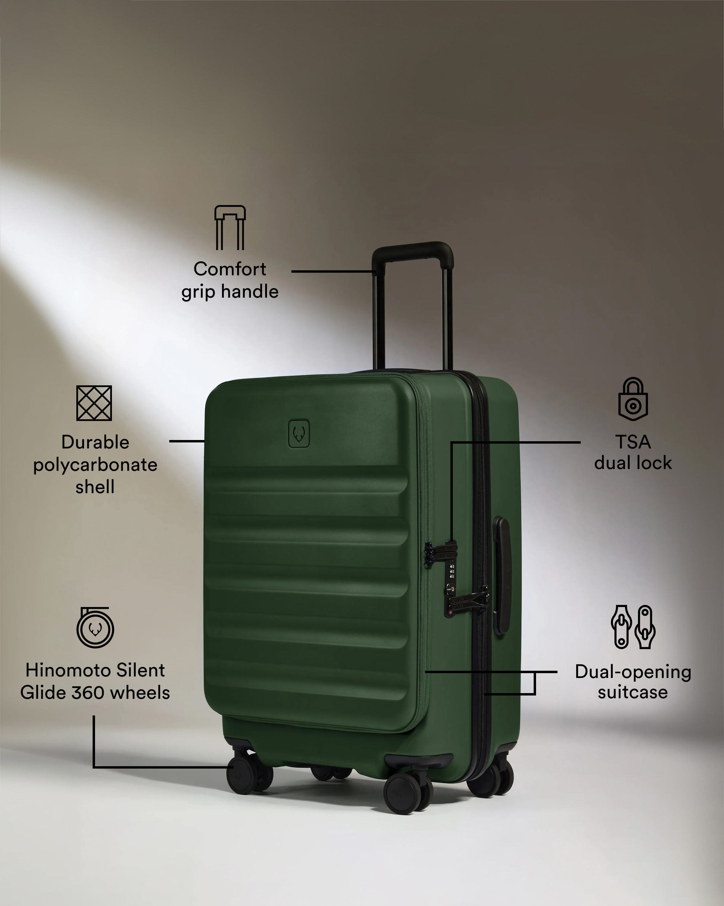 Antler Luggage -  Dual Opening Cabin Suitcase in Antler Green - Icon Stripe - Hard Suitcase - Cabin Icon Stripe Cabin | Green Dual Opening Hard Shell Suitcase
