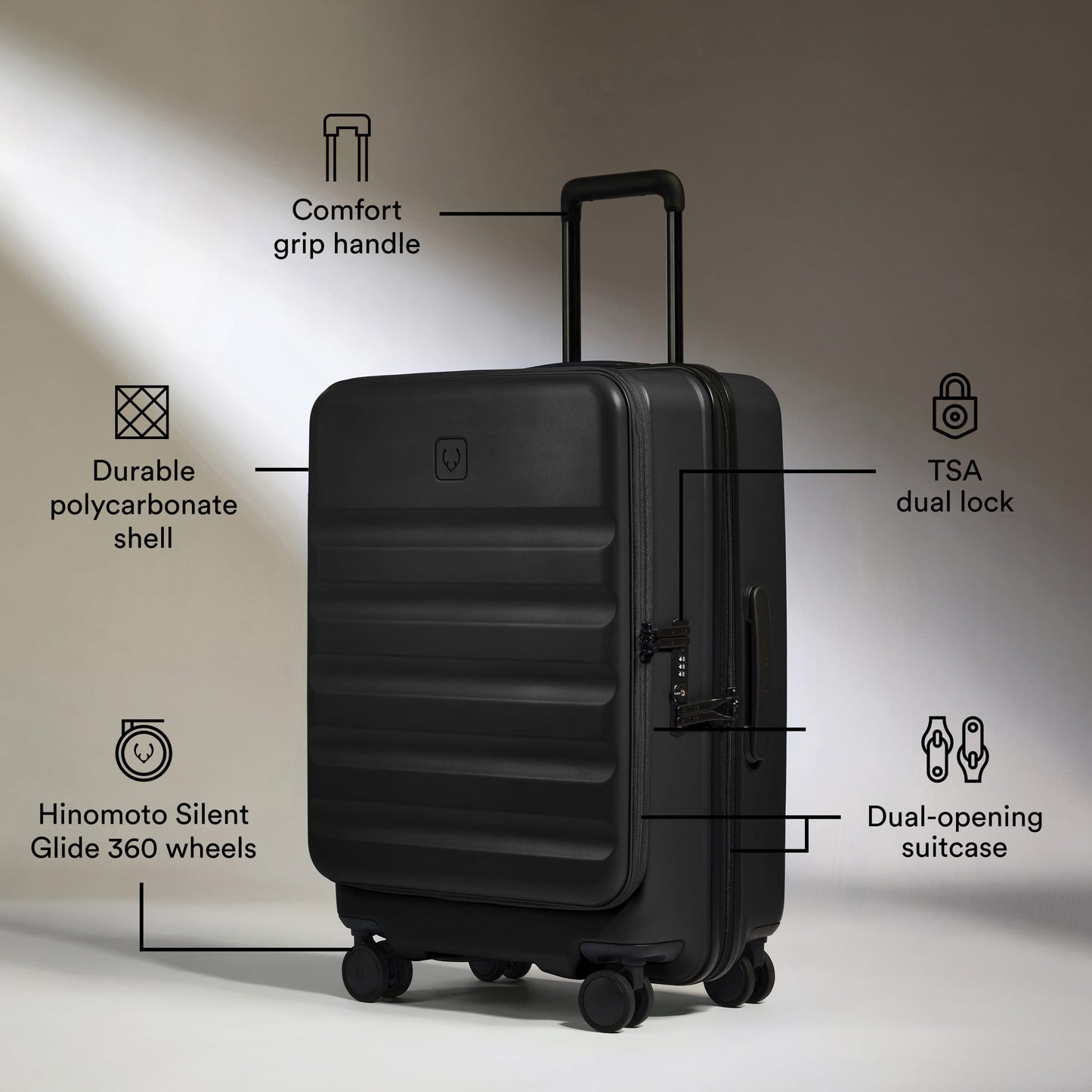 Antler Luggage -  Dual Opening Cabin Suitcase in Black - Icon Stripe - Hard Suitcase - Cabin Icon Stripe Cabin | Black Dual Opening Hard Shell Suitcase