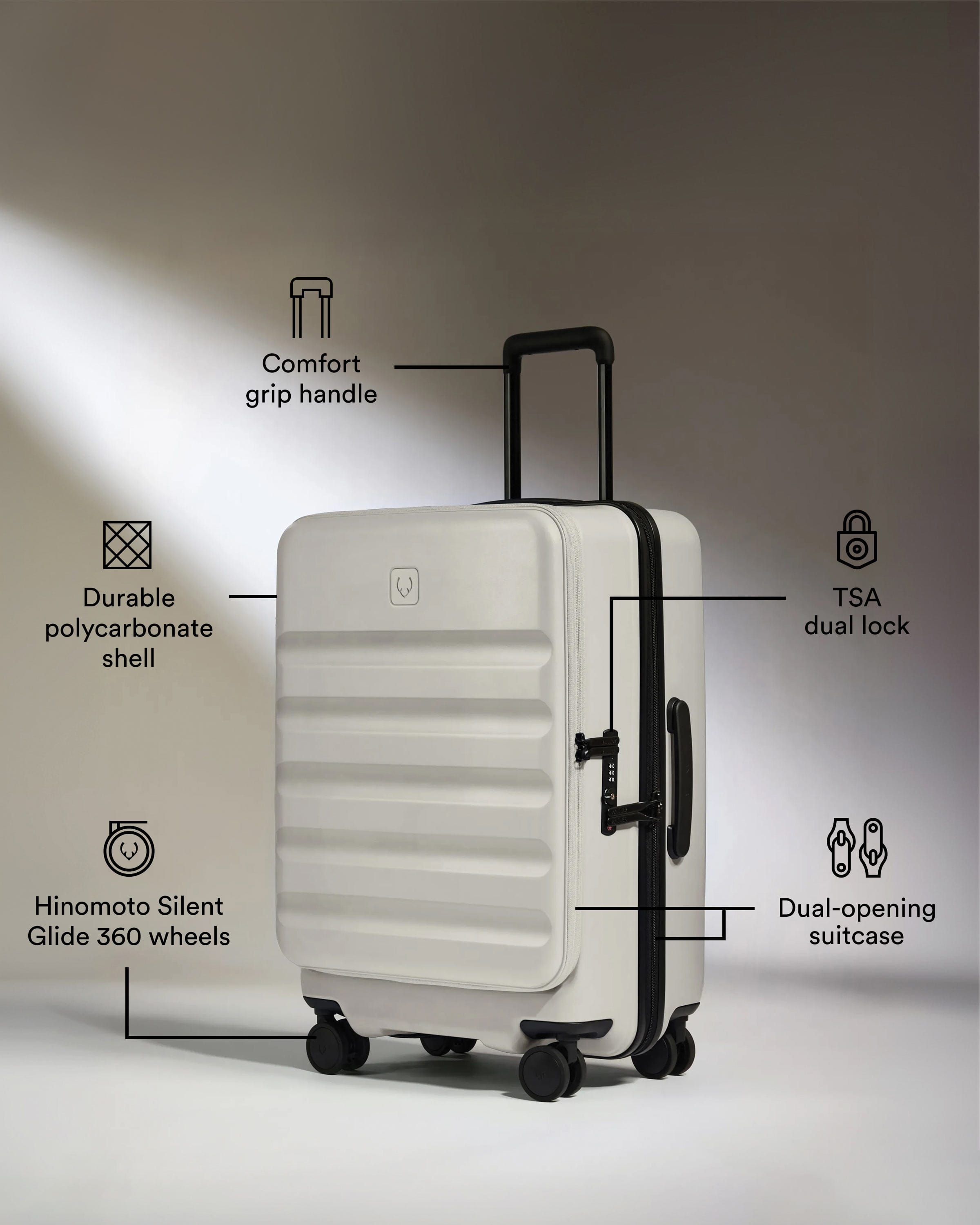 Antler Luggage -  Dual Opening Cabin Suitcase in Taupe - Icon Stripe - Hard Suitcase - Cabin Icon Stripe Cabin | Taupe Dual Opening Hard Shell Suitcase