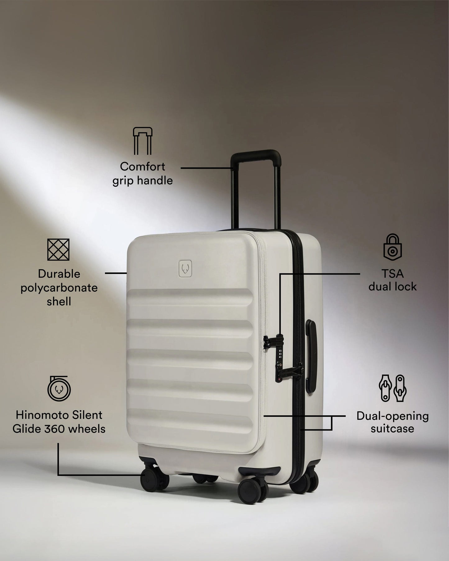 Antler Luggage -  Dual Opening Cabin Suitcase in Taupe - Icon Stripe - Hard Suitcase - Cabin Icon Stripe Cabin | Taupe Dual Opening Hard Shell Suitcase