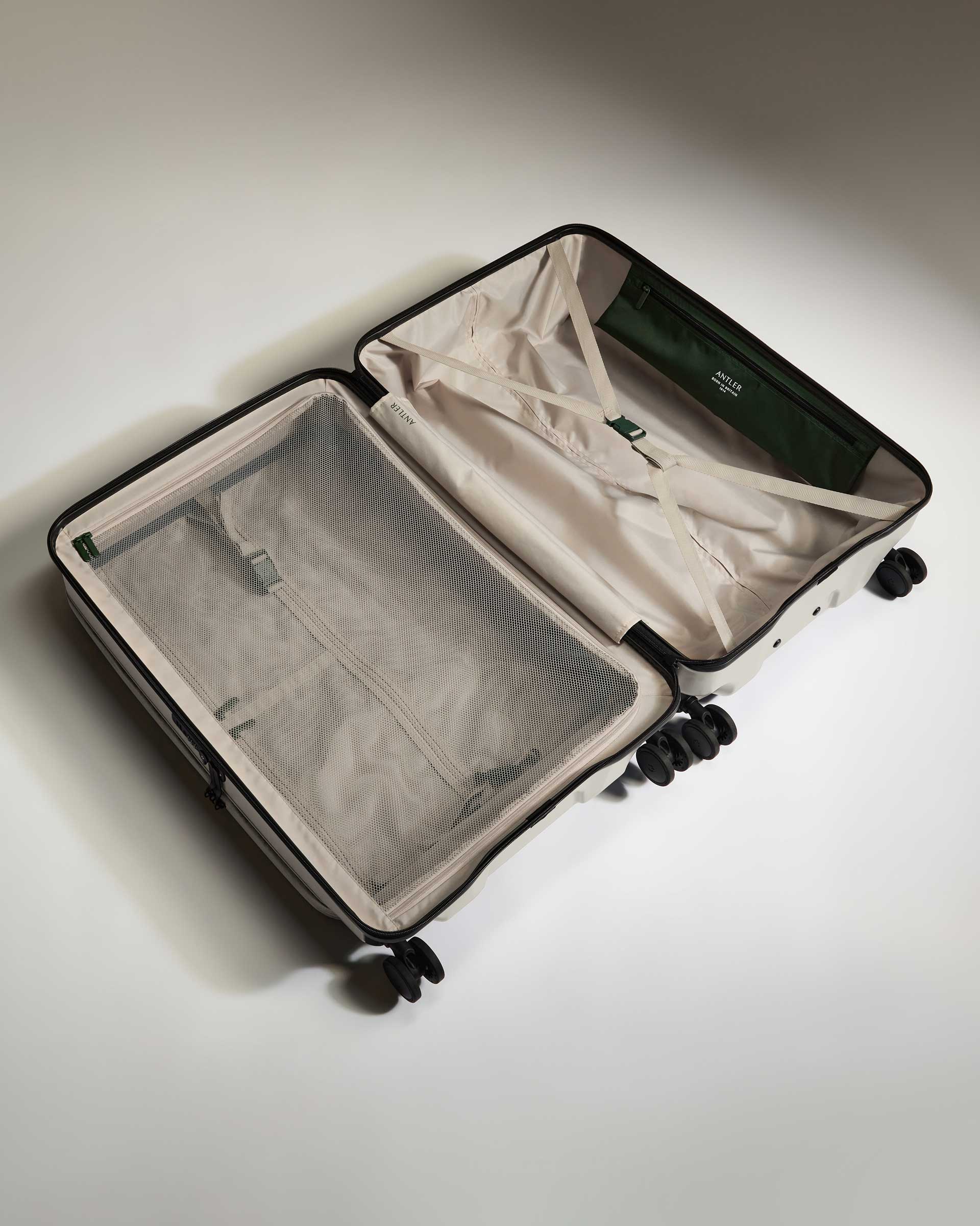 Antler Luggage -  Dual Opening Large Suitcase in Taupe - Icon Stripe - Hard Suitcase - Large Dual Opening Large Suitcase in Taupe - Icon Stripe | Lightweight & Hard Shell Suitcase