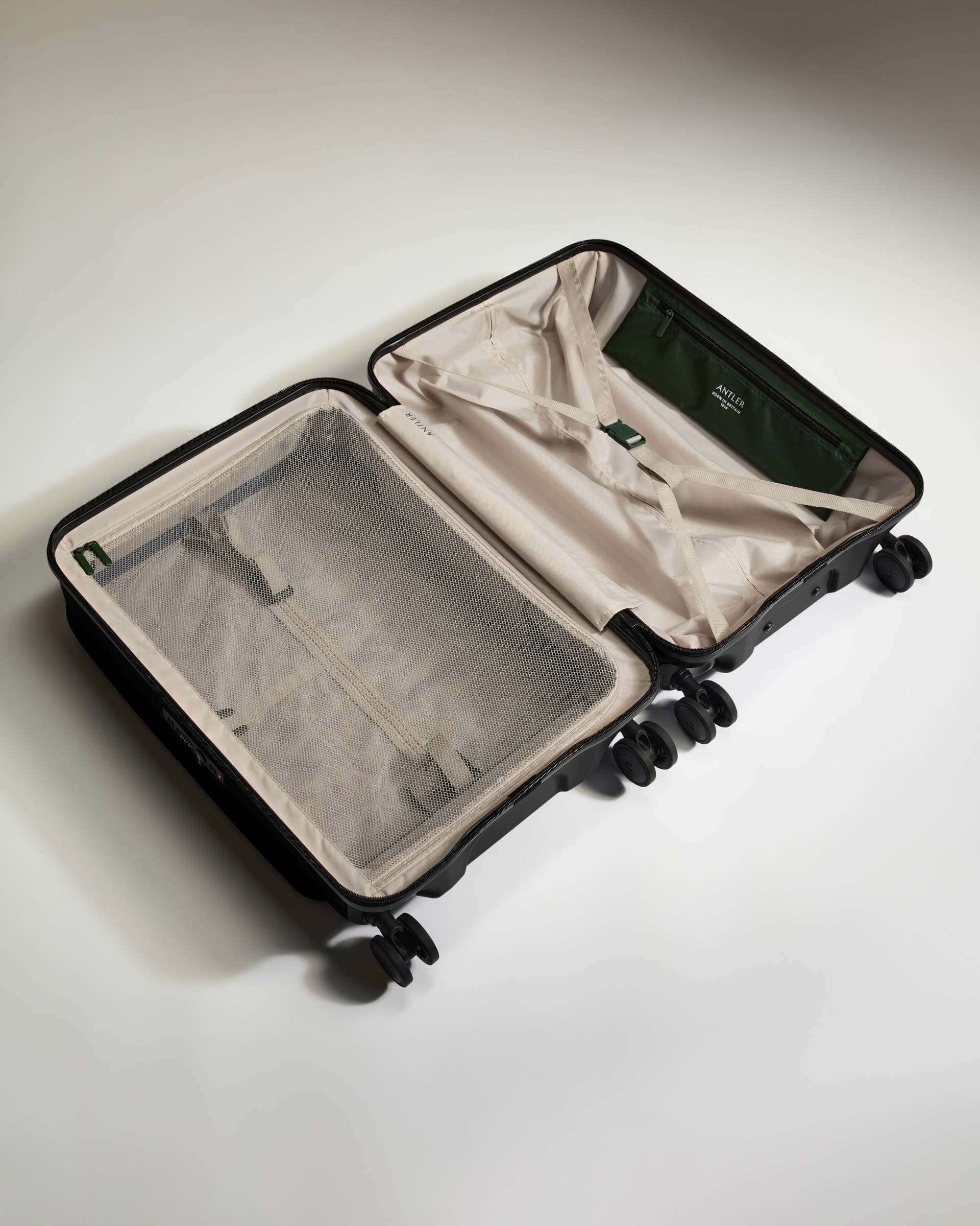 Antler Luggage -  Dual Opening Medium Suitcase in Black - Icon Stripe - Expanding Rollercase | Medium 4W Dual Opening Medium Suitcase in Black - Icon Stripe | Lightweight & Hard Shell Suitcase