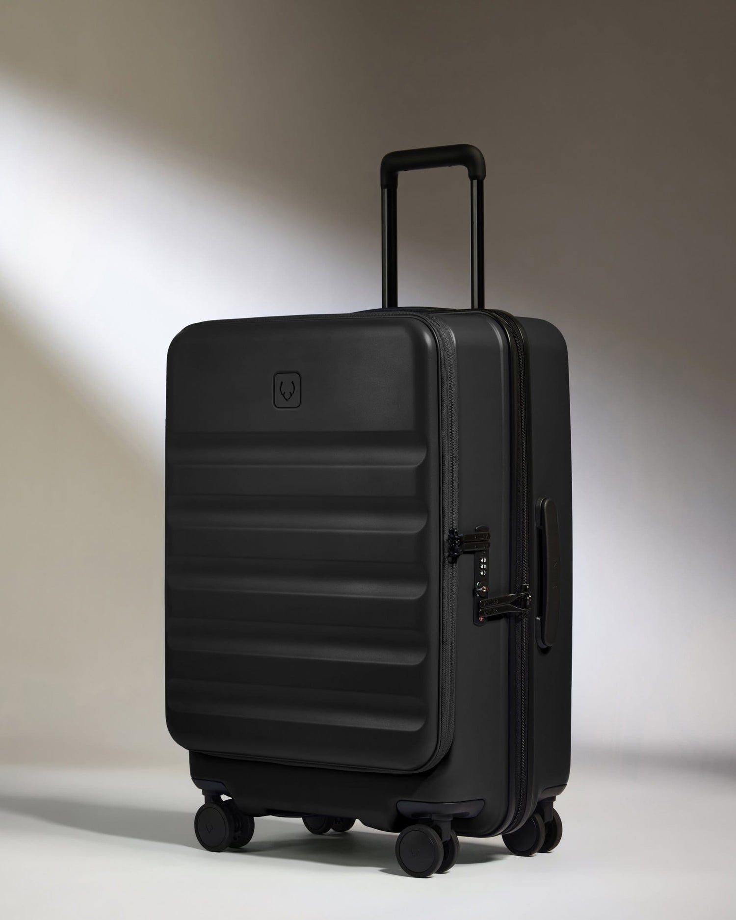 Antler Luggage -  Dual Opening Medium Suitcase in Black - Icon Stripe - Expanding Rollercase | Medium 4W Dual Opening Medium Suitcase in Black - Icon Stripe | Lightweight & Hard Shell Suitcase