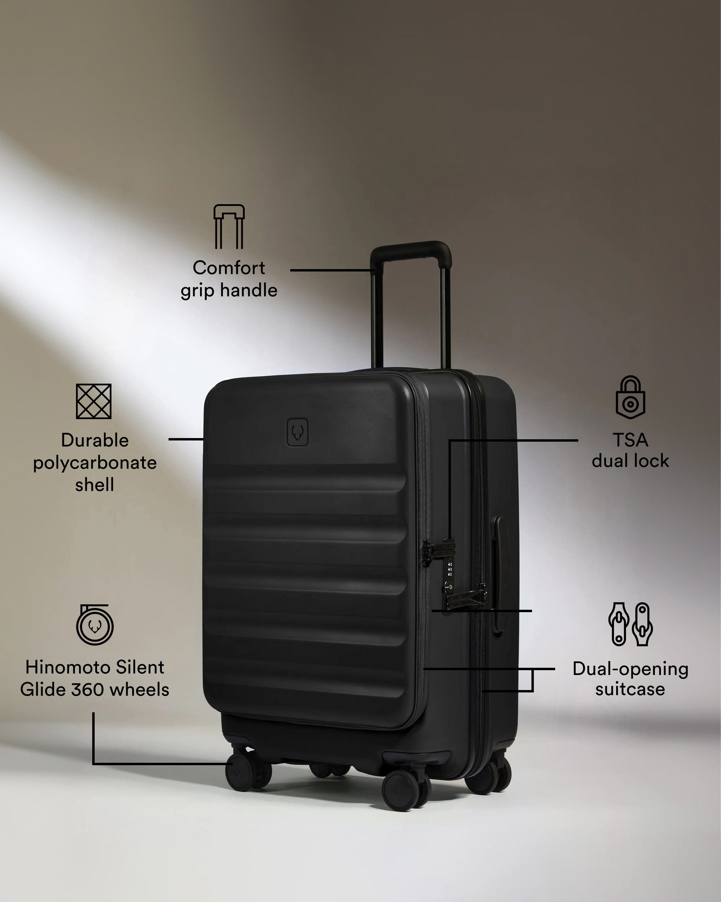 Antler Luggage -  Dual Opening Medium Suitcase in Black - Icon Stripe - Hard Suitcase - Medium Icon Stripe Medium | Black Dual Opening Checked Suitcase