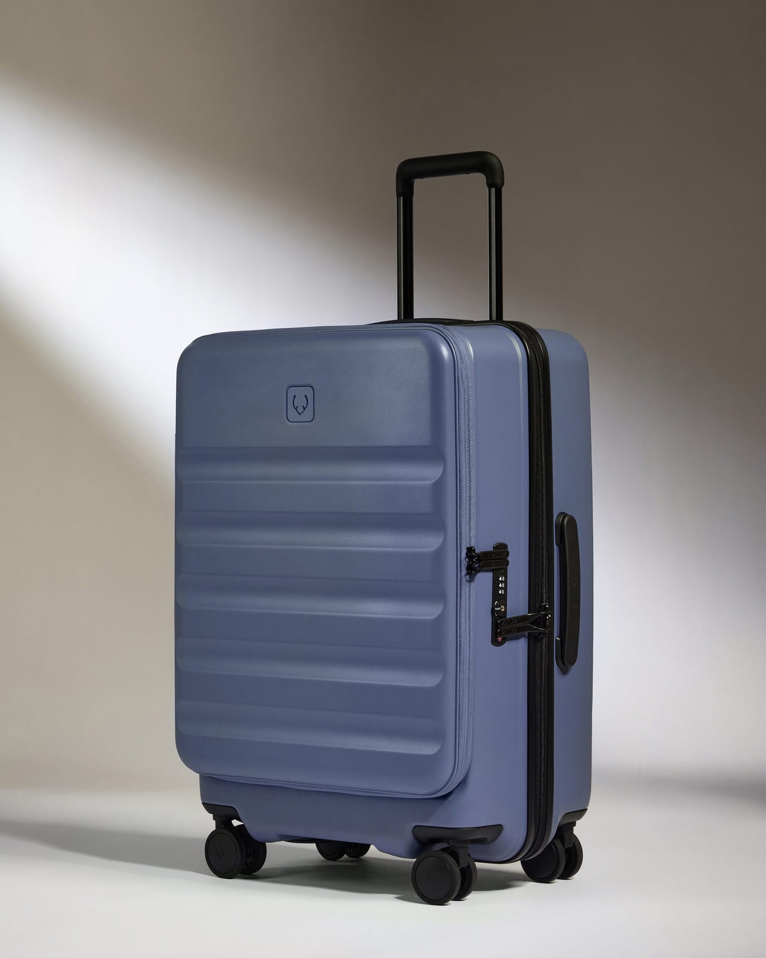 Antler Luggage -  Dual Opening Medium Suitcase in Ocean Blue - Icon Stripe - Hard Suitcase - Medium Icon Stripe Medium | Blue Dual Opening Checked Suitcase