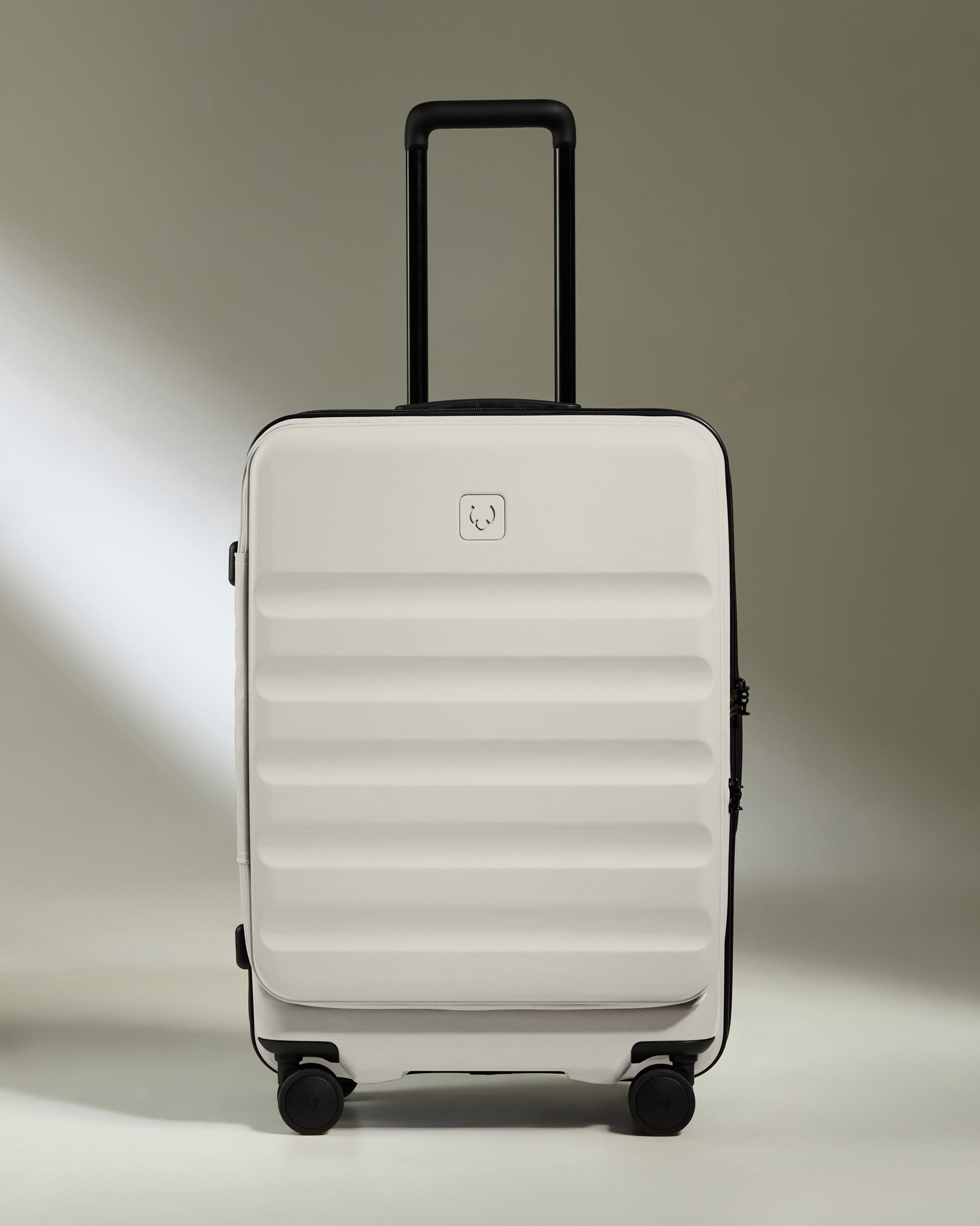 Antler Luggage -  Dual Opening Medium Suitcase in Taupe - Icon Stripe - Expanding Rollercase | Medium 4W Dual Opening Medium Suitcase in Neutral - Icon Stripe | Lightweight & Hard Shell Suitcase