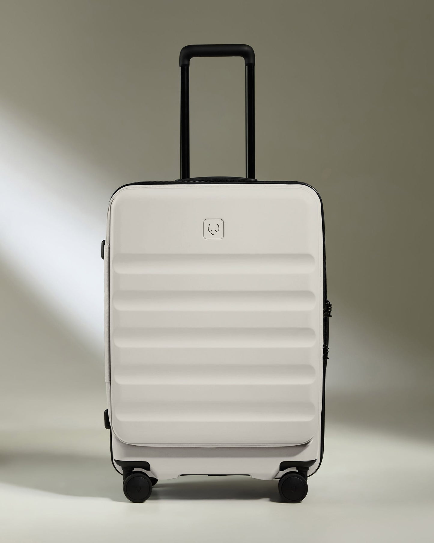 Antler Luggage -  Dual Opening Medium Suitcase in Taupe - Icon Stripe - Expanding Rollercase | Medium 4W Dual Opening Medium Suitcase in Neutral - Icon Stripe | Lightweight & Hard Shell Suitcase