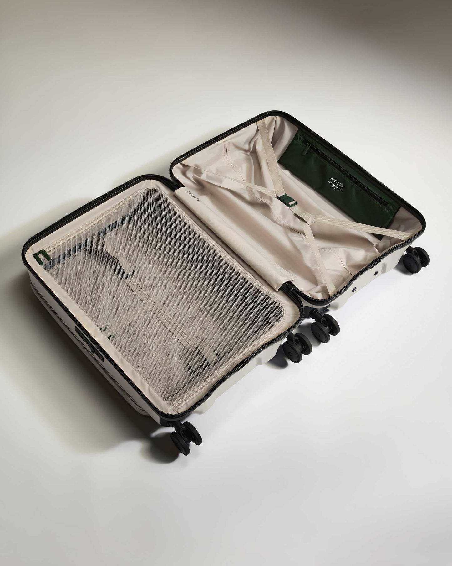 Antler Luggage -  Dual Opening Medium Suitcase in Taupe - Icon Stripe - Expanding Rollercase | Medium 4W Dual Opening Medium Suitcase in Neutral - Icon Stripe | Lightweight & Hard Shell Suitcase