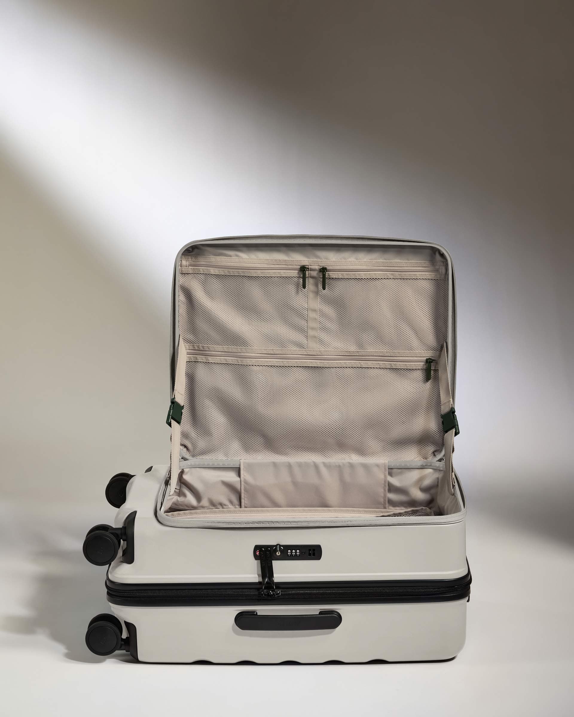 Antler Luggage -  Dual Opening Medium Suitcase in Taupe - Icon Stripe - Expanding Rollercase | Medium 4W Dual Opening Medium Suitcase in Neutral - Icon Stripe | Lightweight & Hard Shell Suitcase