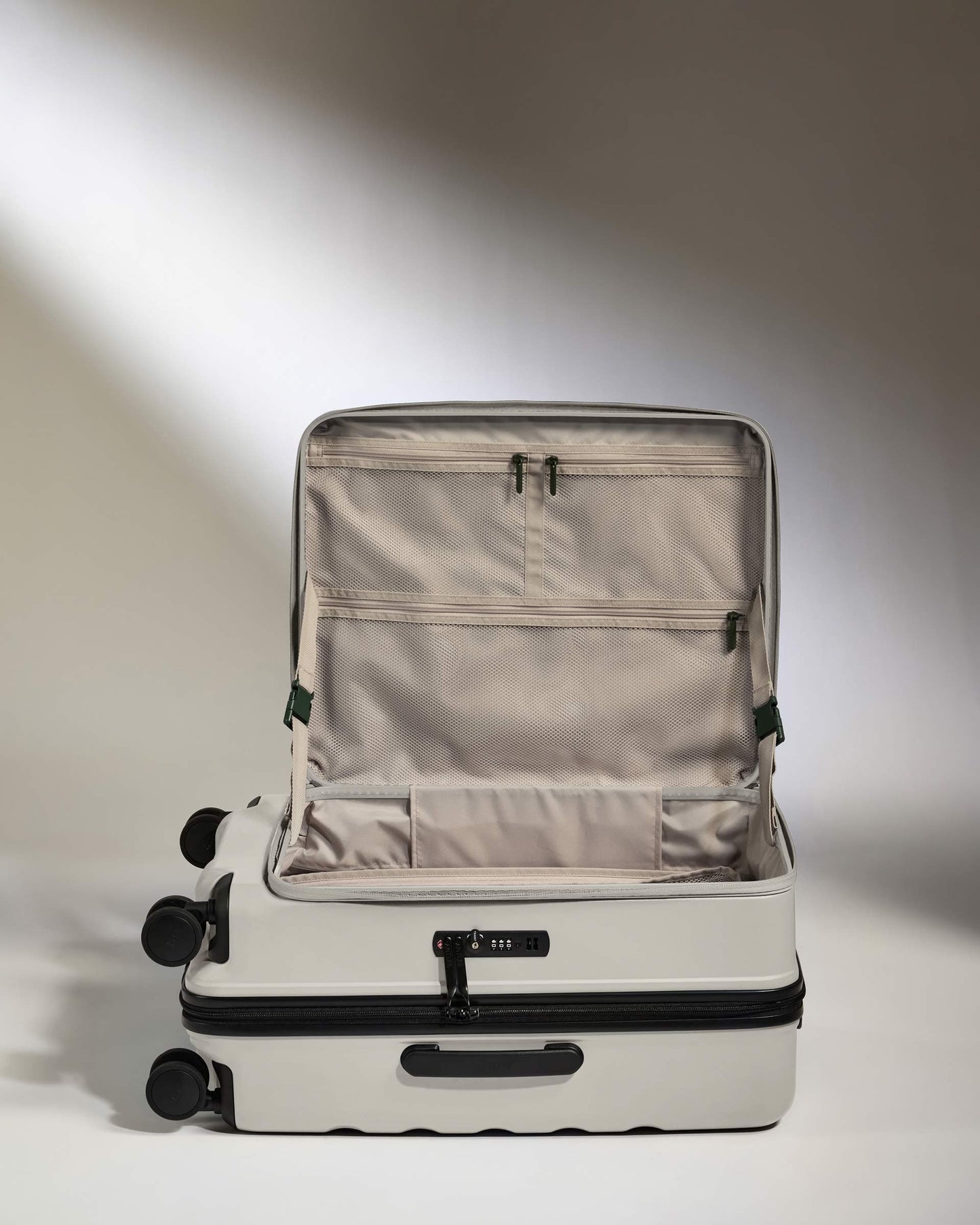 Antler Luggage -  Dual Opening Medium Suitcase in Taupe - Icon Stripe - Expanding Rollercase | Medium 4W Dual Opening Medium Suitcase in Neutral - Icon Stripe | Lightweight & Hard Shell Suitcase