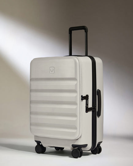 Antler Luggage -  Dual Opening Medium Suitcase in Taupe - Icon Stripe - Expanding Rollercase | Medium 4W Dual Opening Medium Suitcase in Neutral - Icon Stripe | Lightweight & Hard Shell Suitcase