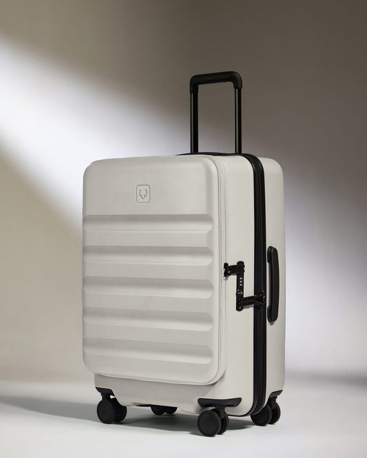 Antler Luggage -  Dual Opening Medium Suitcase in Taupe - Icon Stripe - Expanding Rollercase | Medium 4W Dual Opening Medium Suitcase in Neutral - Icon Stripe | Lightweight & Hard Shell Suitcase