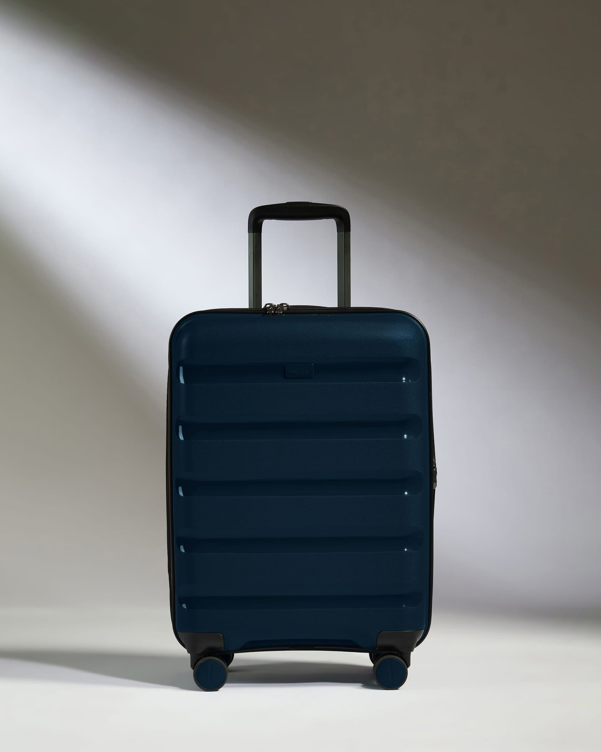 Antler Luggage -  Expandable Cabin Suitcase in Midnight Blue - Logo Stripe - Hard Suitcase - Expander Cabin Expandable Cabin Suitcase Midnight Blue - Logo Stripe | Lightweight Hard Shell Luggage