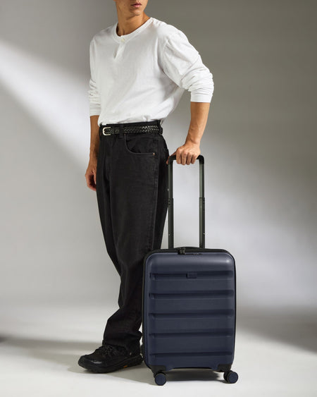 Antler Luggage -  Expandable Cabin Suitcase in Navy - Logo Stripe - Hard Suitcase - Expander Cabin Expandable Cabin Suitcase Navy - Logo Stripe | Lightweight Hard Shell Luggage
