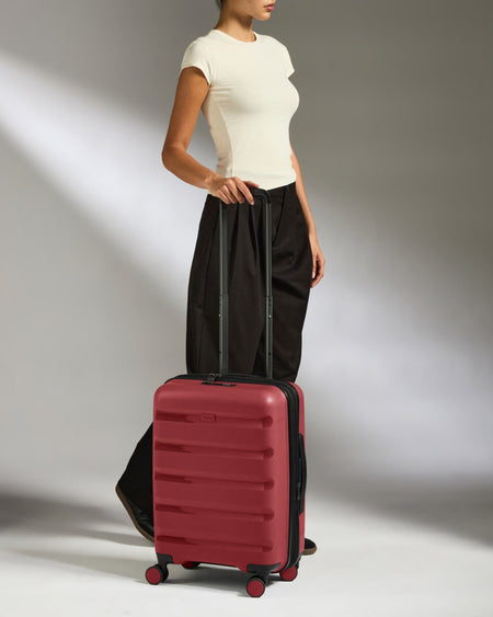 Antler Luggage -  Expandable Cabin Suitcase in Soft Red - Logo Stripe - Hard Suitcase - Expander Cabin Expandable Cabin Suitcase Red - Logo Stripe | Lightweight Hard Shell Luggage