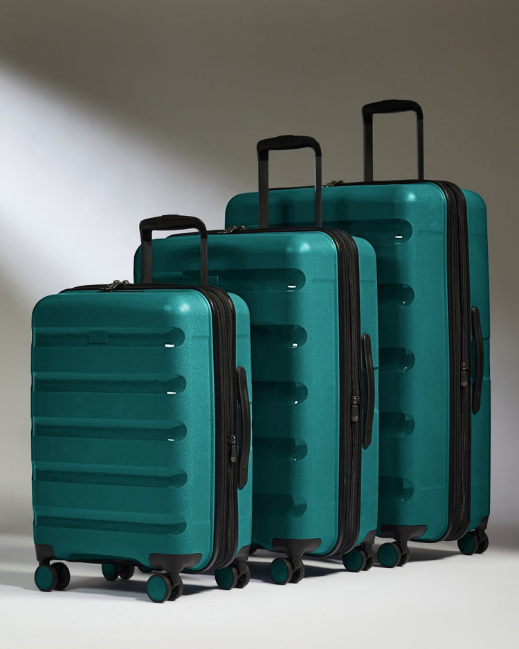 Antler Luggage -  Expandable Cabin Suitcase Set in Deep Teal - Logo Stripe - Hard Suitcase - Expander Cabin Set Expander Cabin Suitcase Set of 3 Teal - Logo Stripe | Lightweight Hard Shell Luggage