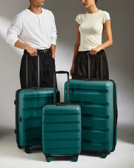 Antler Luggage -  Expandable Cabin Suitcase Set in Deep Teal - Logo Stripe - Hard Suitcase - Expander Cabin Set Expander Cabin Suitcase Set of 3 Teal - Logo Stripe | Lightweight Hard Shell Luggage