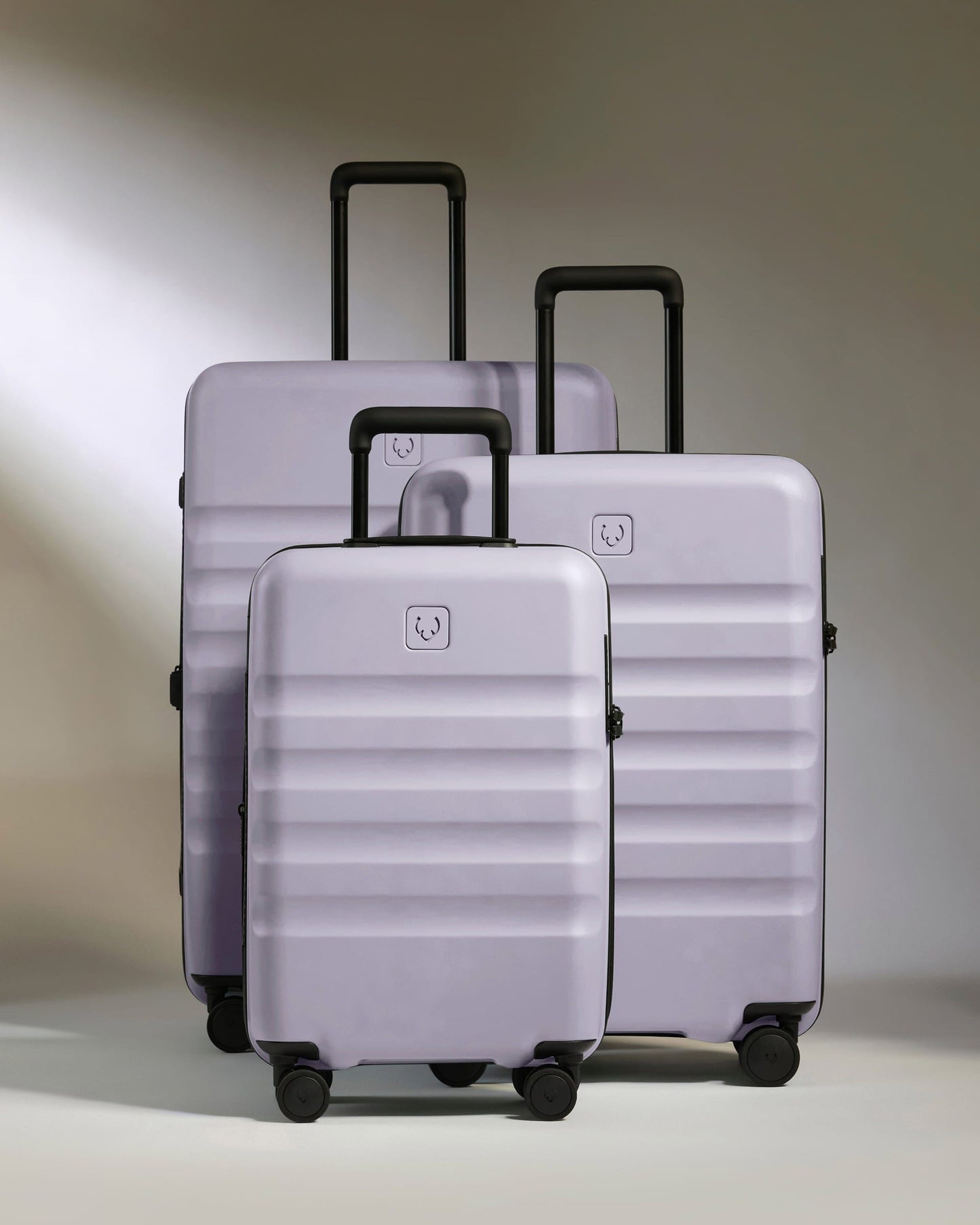 Antler Luggage -  Expandable Cabin Suitcase Set in Meadow Purple - Icon Stripe - Hard Suitcase - Expander Cabin Set Expandable Cabin Suitcase Set in Light Purple - Icon Stripe | Lightweight & Hard Shell Suitcase