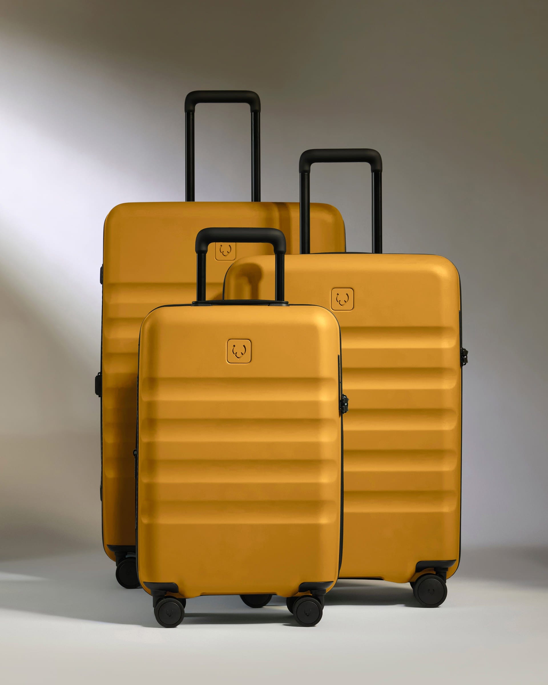 Antler Luggage -  Expandable Cabin Suitcase Set in Mustard Yellow - Icon Stripe - Hard Suitcase - Expander Cabin Set Expandable Cabin Suitcase Set in Dark Yellow - Icon Stripe | Lightweight & Hard Shell Suitcase