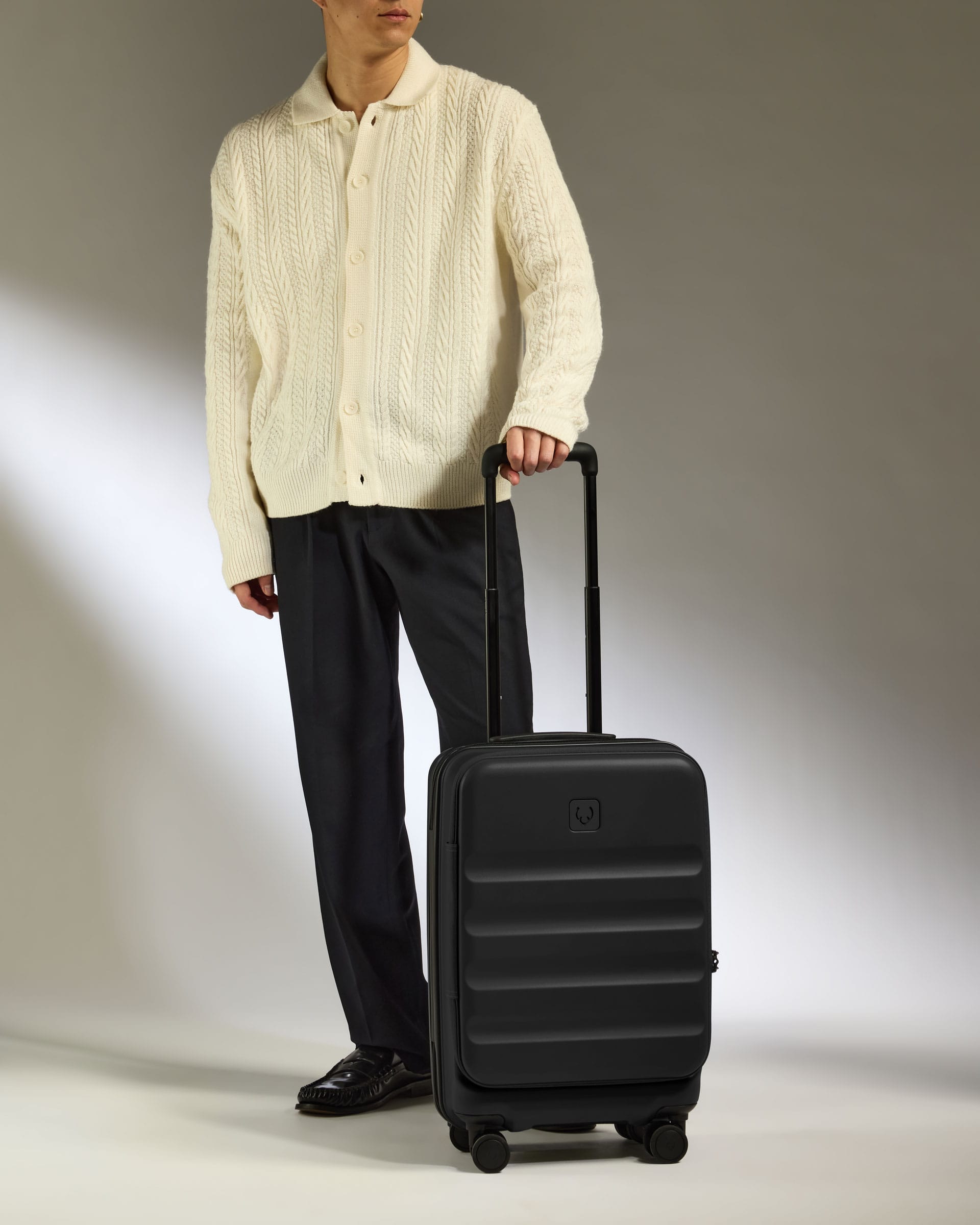 Antler Luggage -  Expandable Dual Opening Cabin Suitcase in Black - Icon Stripe - Expander Cabin Case | B1 4W Expandable Dual Opening Cabin Suitcase in Black - Icon Stripe | Hard Shell Suitcase