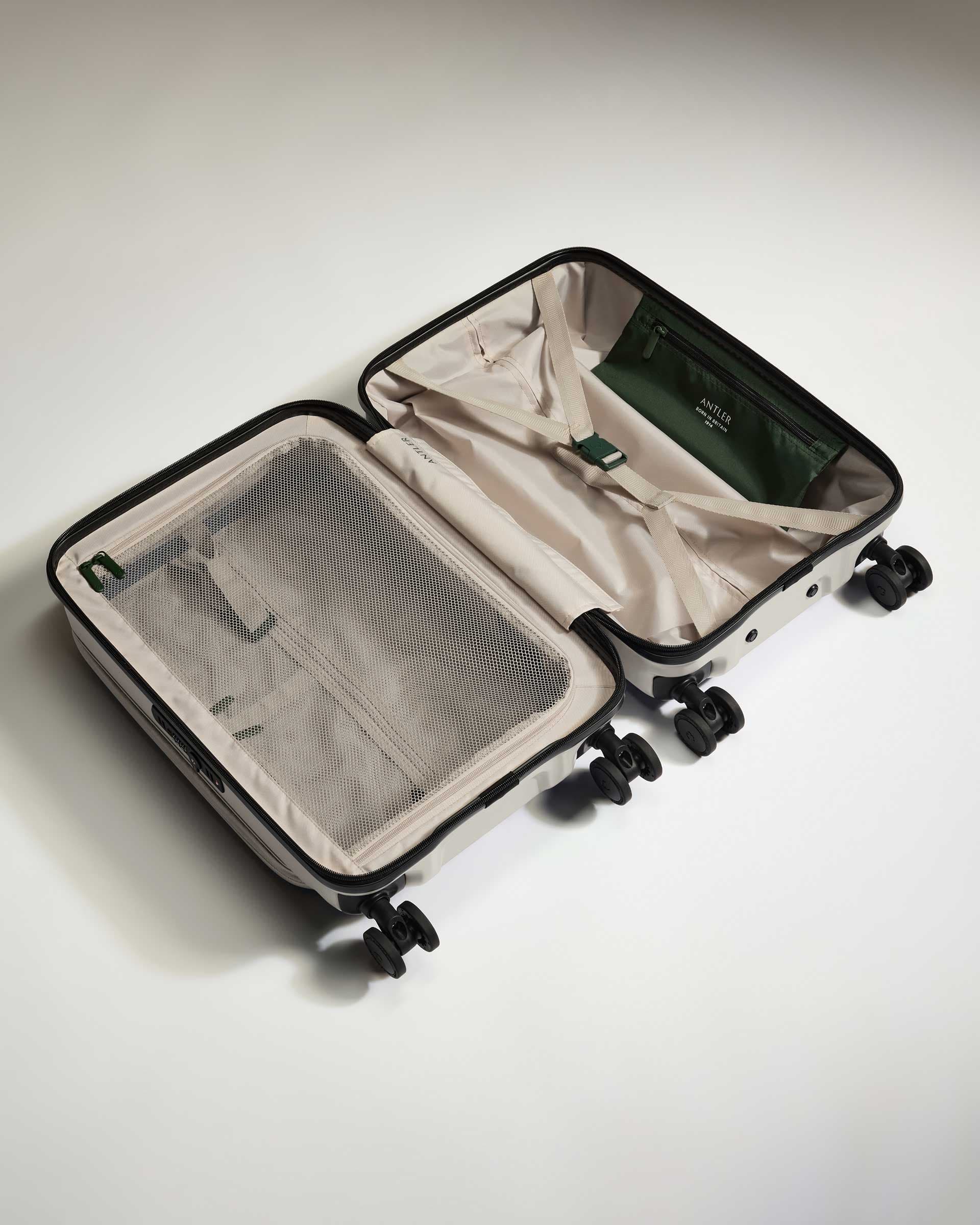 Antler Luggage -  Expandable Dual Opening Cabin Suitcase in Taupe - Icon Stripe - Expander Cabin Case | B1 4W Expandable Dual Opening Cabin Suitcase in Neutral - Icon Stripe | Hard Shell Suitcase