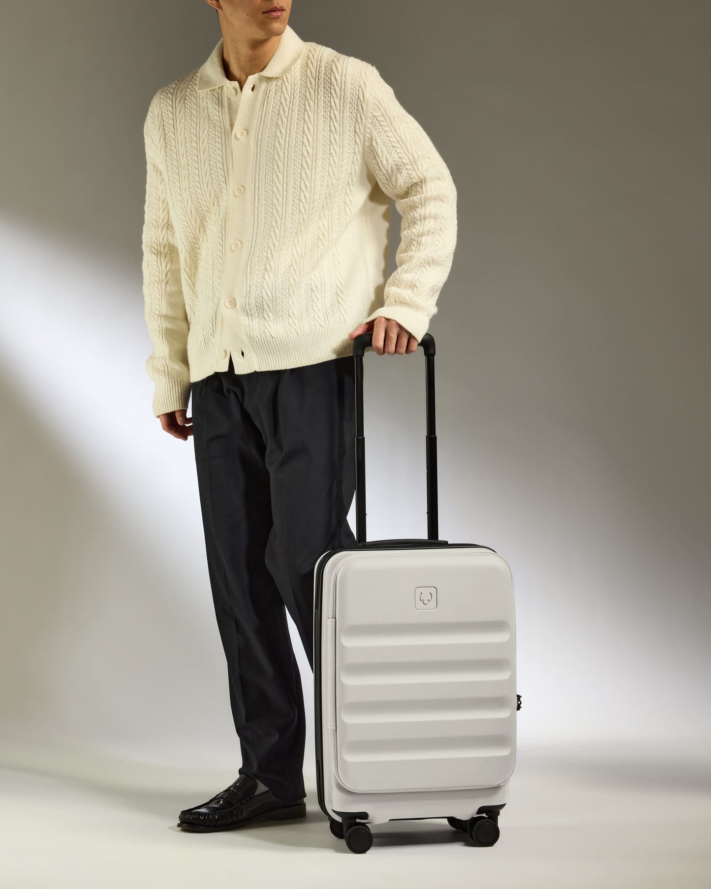 Antler Luggage -  Expandable Dual Opening Cabin Suitcase in Taupe - Icon Stripe - Expander Cabin Case | B1 4W Expandable Dual Opening Cabin Suitcase in Neutral - Icon Stripe | Hard Shell Suitcase