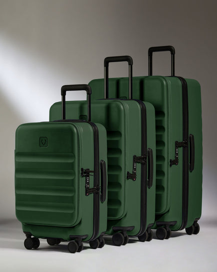 Antler Luggage -  Expandable Dual Opening Cabin Suitcase Set in Antler Green - Icon Stripe - Hard Suitcase - Expander Cabin Set Expandable Dual Opening Cabin Suitcase Set in Green - Icon Stripe | Lightweight & Hard Shell Suitcase
