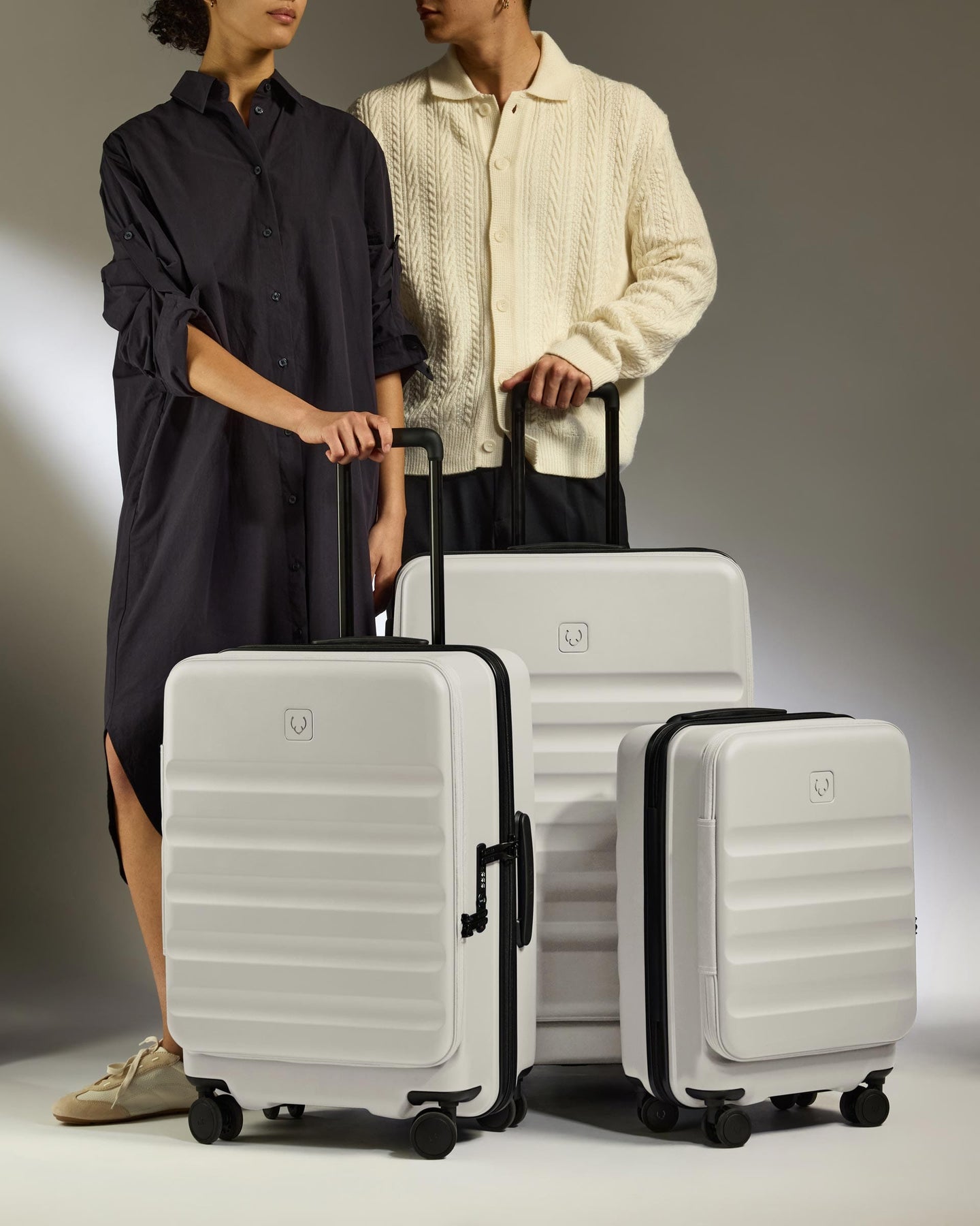 Antler Luggage -  Expandable Dual Opening Cabin Suitcase Set in Taupe - Icon Stripe - Hard Suitcase - Expander Cabin Set Expandable Dual Opening Cabin Suitcase Set in Taupe